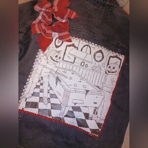 UPCYCLED Old Navy Black Denim Jacket With Pumpkin Head Art And Red Plaid Bows
